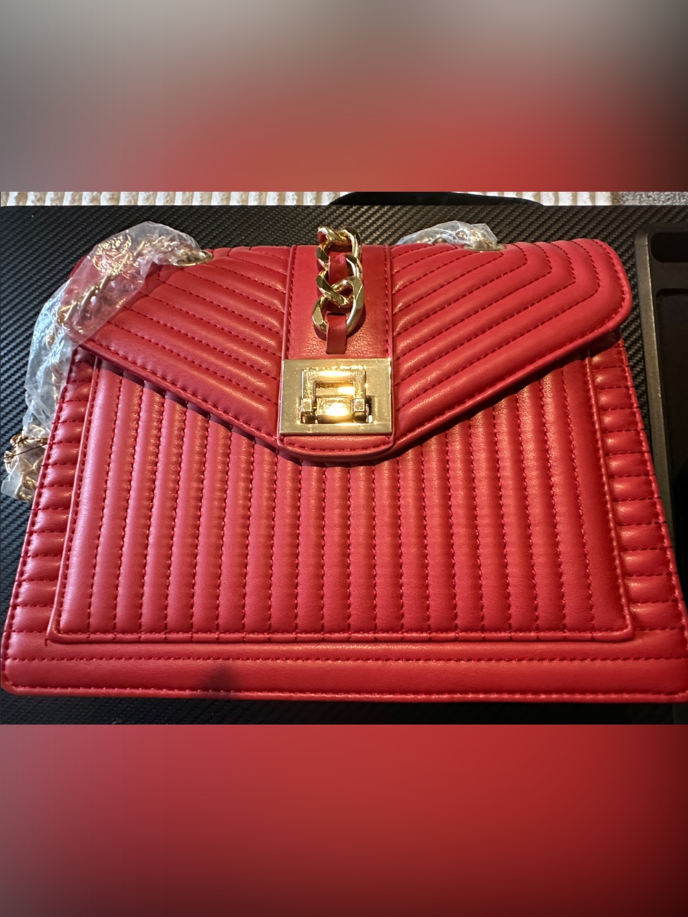 BADGLEY MISCHKA Red Quilted Bag with Gold Chain Accent NEW